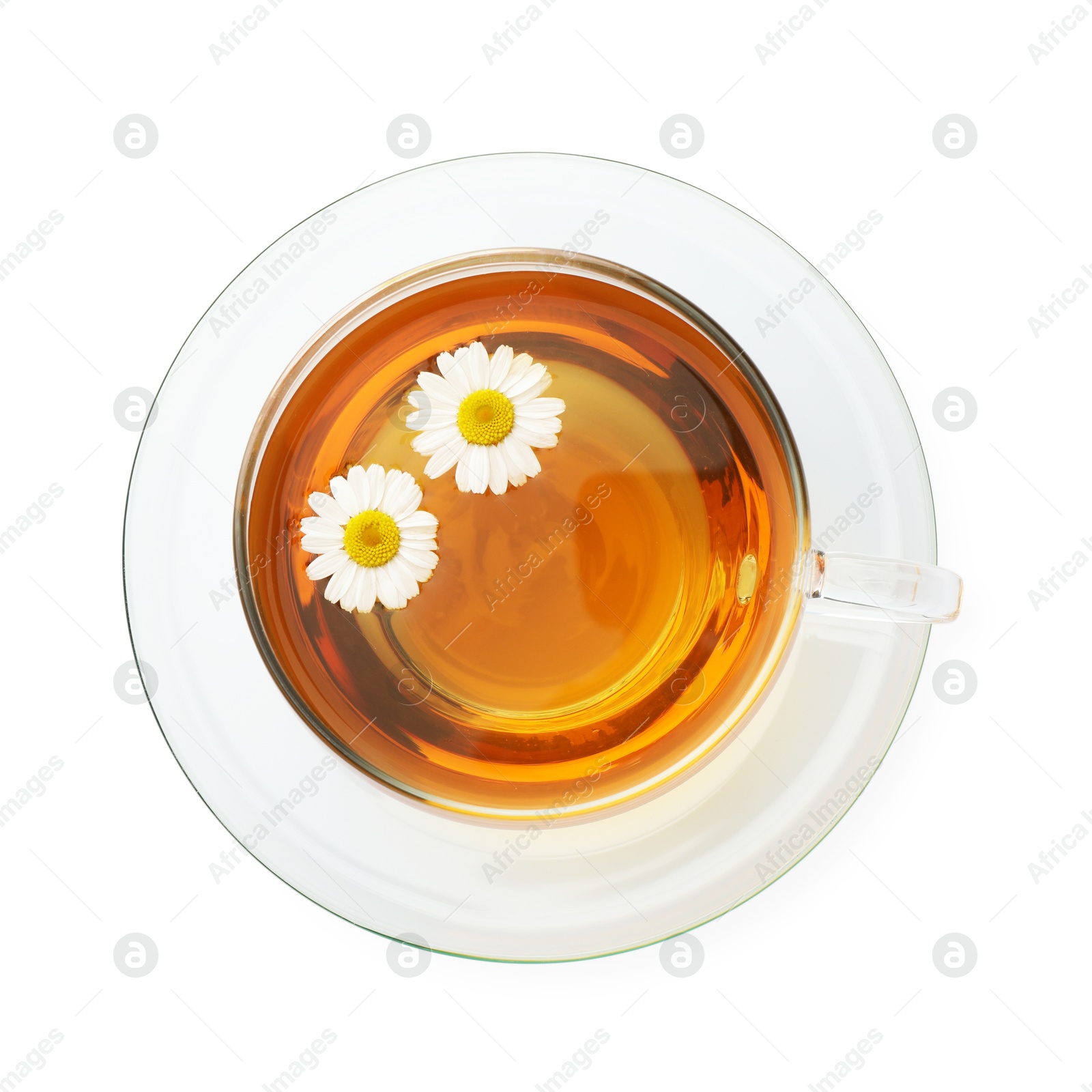 Aromatic tea in glass cup and chamomile flowers isolated on white, top view Photo of Aromatic tea in glass cup and chamomile flowers isolated on white, top view