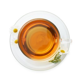 Photo of Aromatic tea in glass cup and chamomile flowers isolated on white, top view