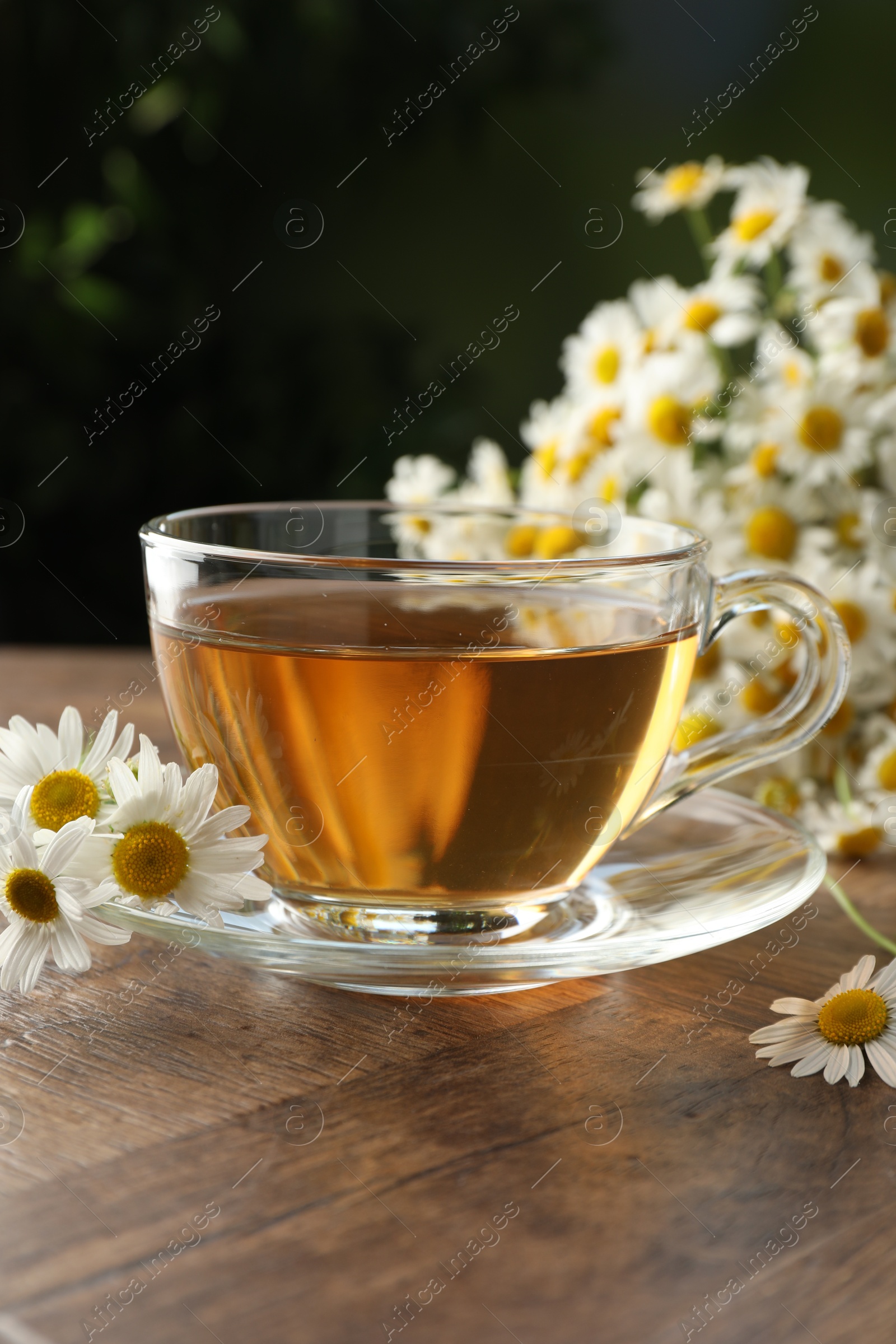 Aromatic tea in glass cup and chamomile flowers on wooden table, closeup Photo of Aromatic tea in glass cup and chamomile flowers on wooden table, closeup