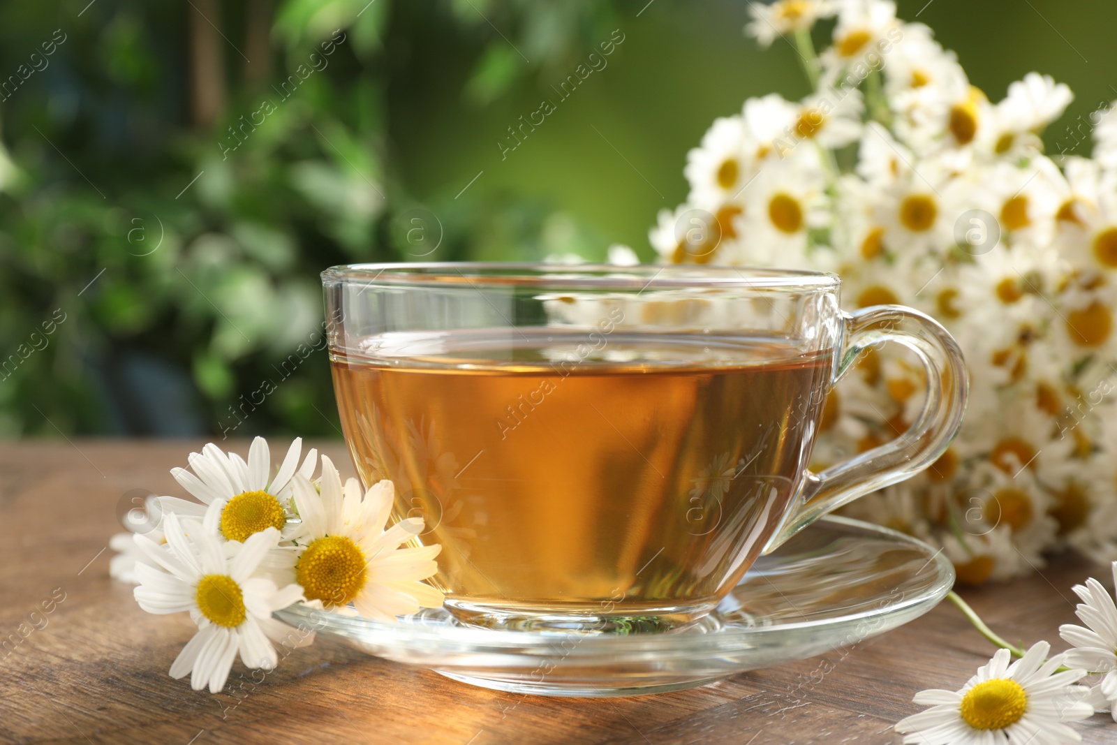 Photo of Aromatic tea in glass cup and chamomile flowers on wooden table, closeup