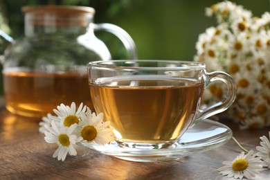 Photo of Aromatic tea in glass cup and chamomile flowers on wooden table, closeup