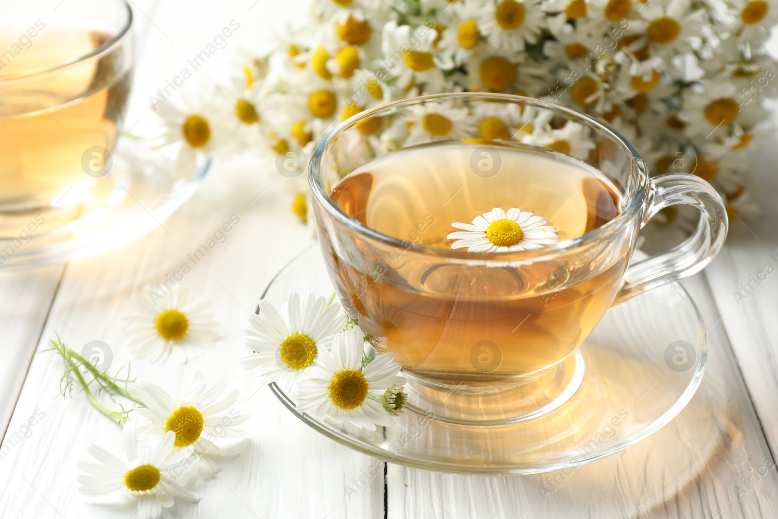 Aromatic tea in glass cup and chamomile flowers on white wooden table, closeup Photo of Aromatic tea in glass cup and chamomile flowers on white wooden table, closeup