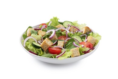 Photo of Delicious salad with croutons and vegetables isolated on white