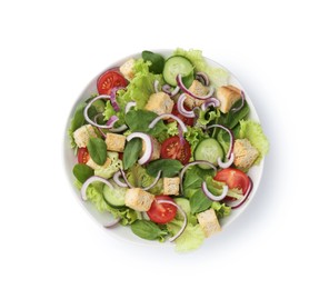 Photo of Delicious salad with croutons and vegetables isolated on white, top view