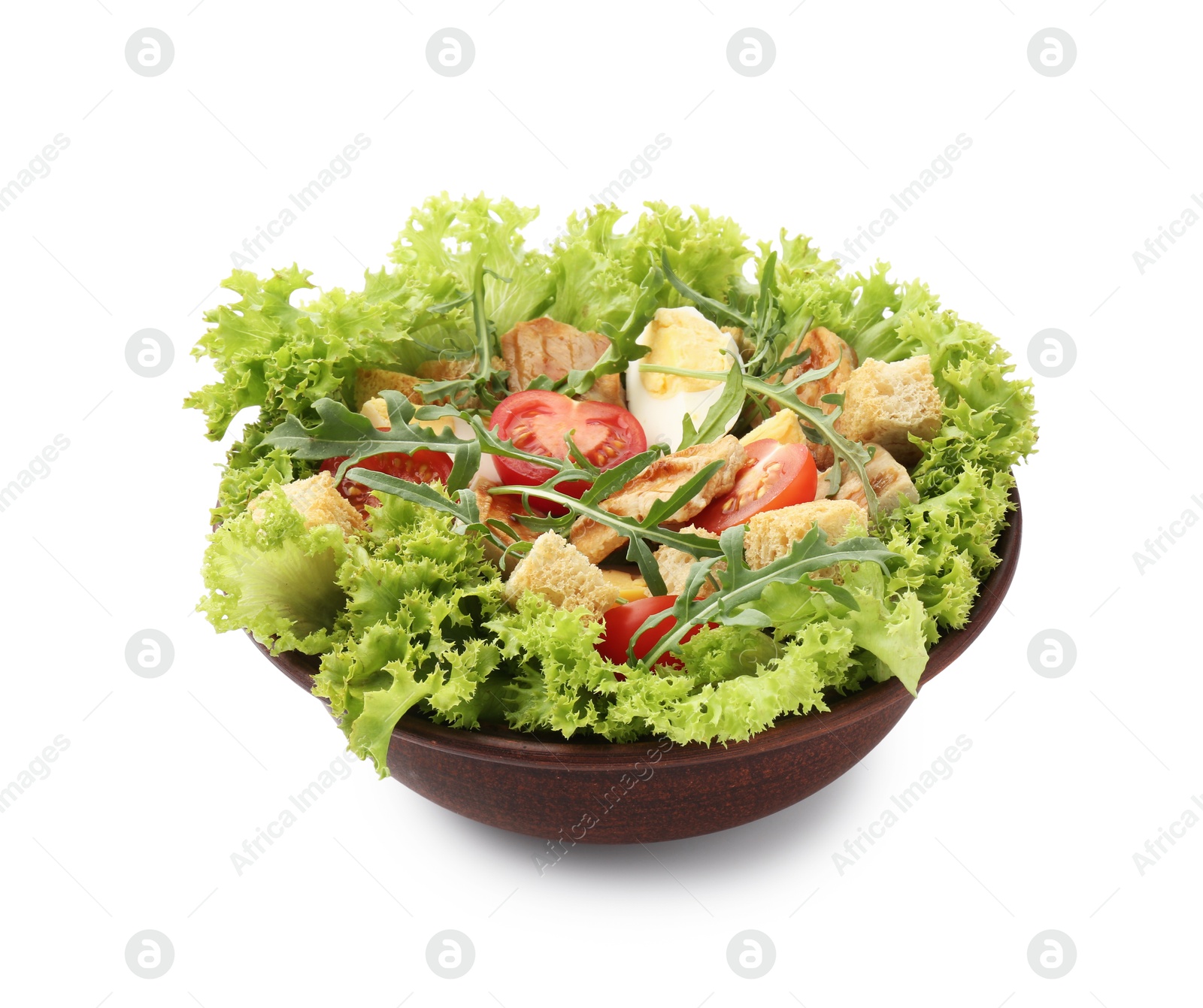 Photo of Delicious salad with croutons, chicken, egg, vegetables and arugula isolated on white