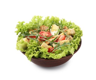 Photo of Delicious salad with croutons, chicken, egg, vegetables and arugula isolated on white