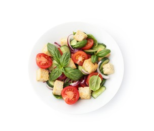 Photo of Delicious salad with croutons, vegetables and basil isolated on white, top view