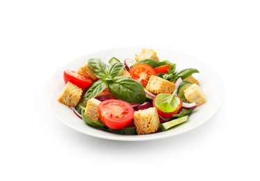 Photo of Delicious salad with croutons, vegetables and basil isolated on white