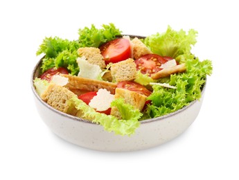 Photo of Delicious salad with croutons, chicken, tomatoes, cheese and lettuce isolated on white