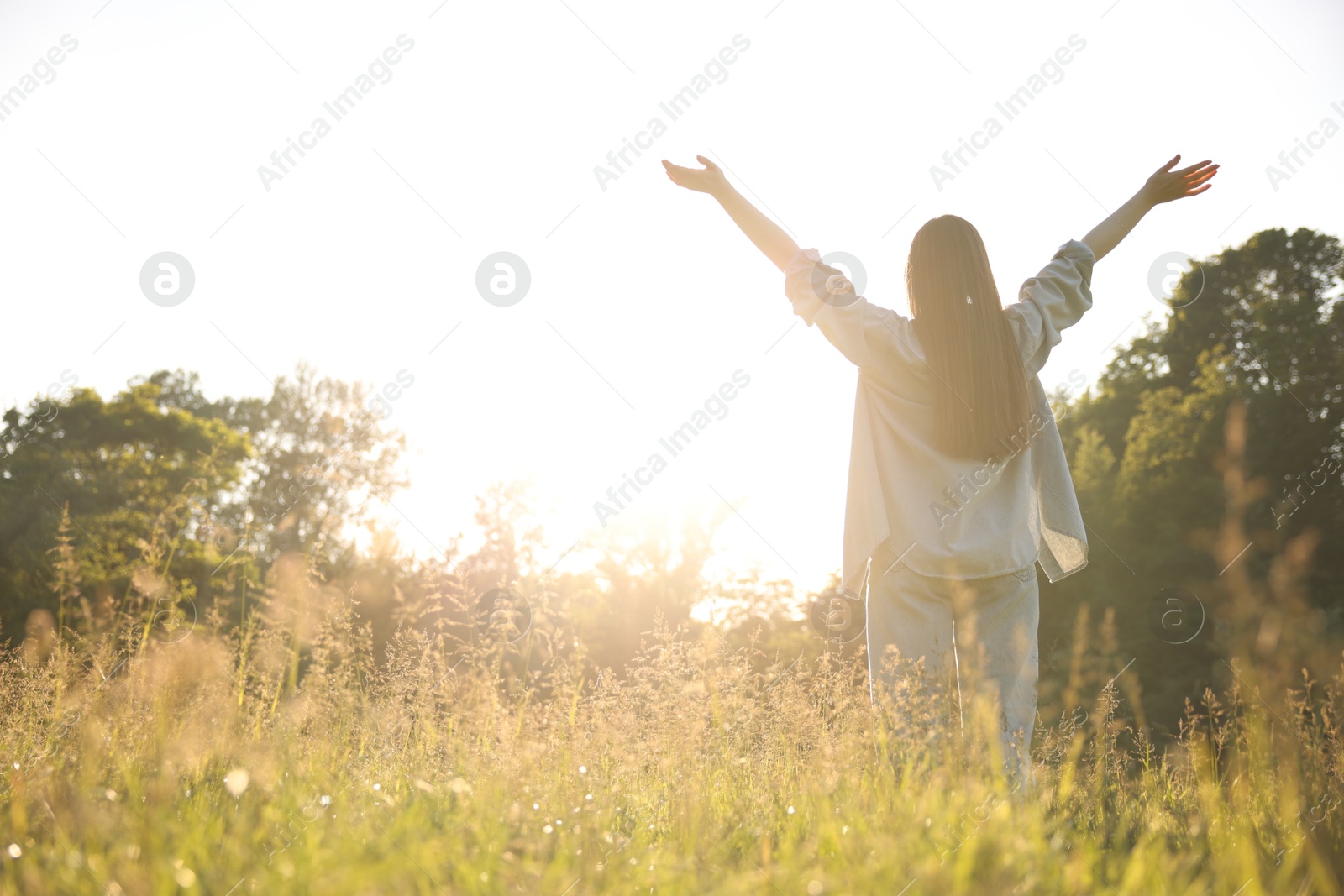 Photo of Feeling freedom. Woman enjoying time in nature on sunny day, low angle view. Space for text