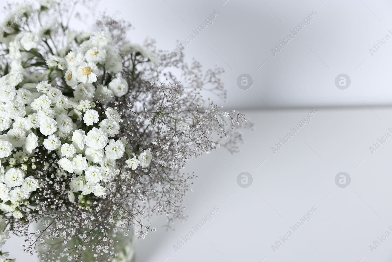 Photo of Beautiful flowers in vase on white table, closeup. Space for text