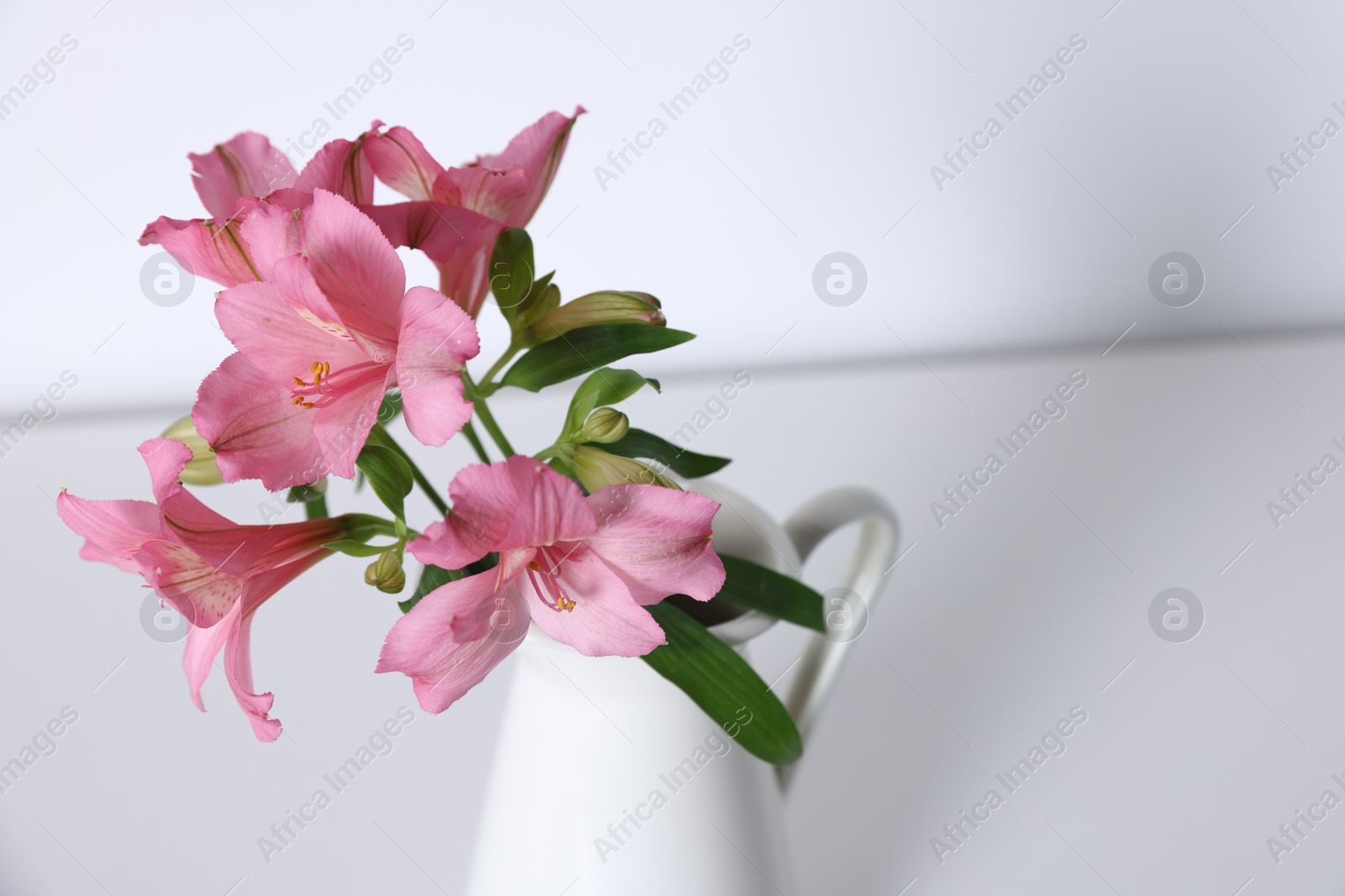 Beautiful flowers in vase on white table, closeup. Space for text Photo of Beautiful flowers in vase on white table, closeup. Space for text