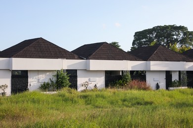 Photo of Beautiful buildings and plants growing outdoors on sunny day
