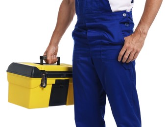 Photo of Professional repairman with tool box on white background, closeup