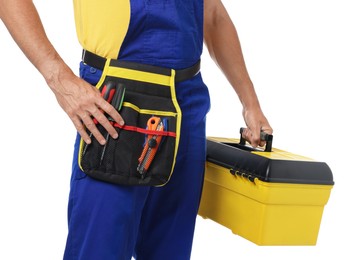 Photo of Professional repairman with tool box on white background, closeup