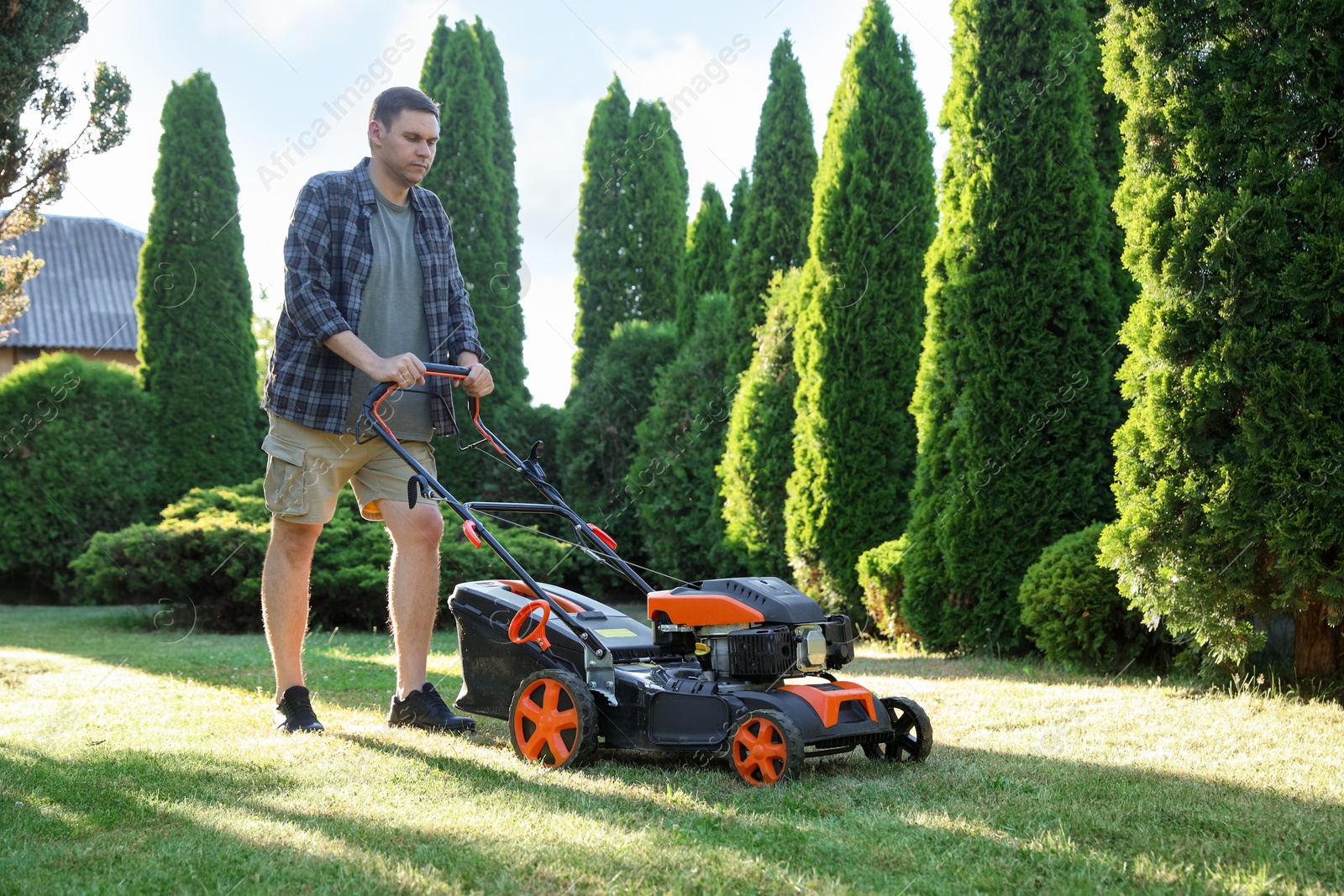 Man cutting green grass with lawn mower in garden Photo of Man cutting green grass with lawn mower in garden