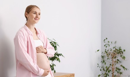 Photo of Beautiful pregnant woman touching her belly at home. Space for text