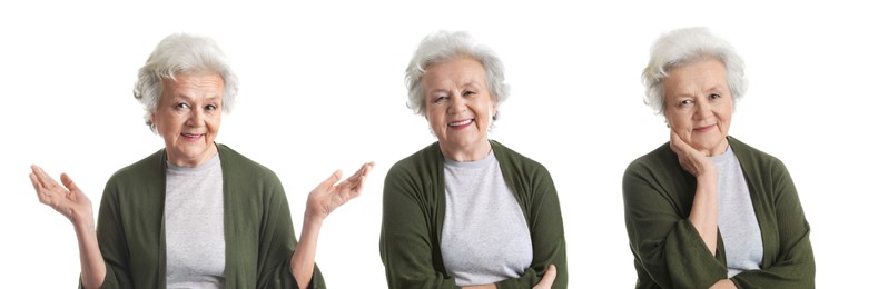 Image of Senior woman on white background, set of portraits