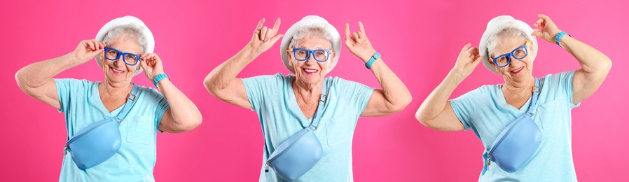 Image of Senior woman on pink background, set of portraits
