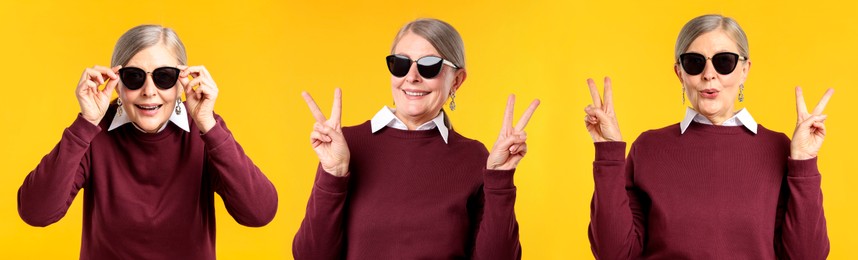 Image of Senior woman on orange background, set of portraits