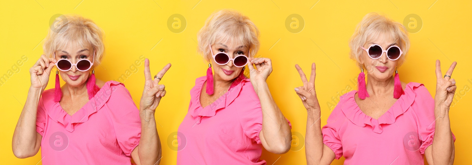 Senior woman on yellow background, set of portraits Image of Senior woman on yellow background, set of portraits