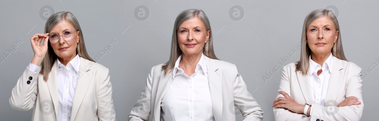 Senior woman on grey background, set of portraits Image of Senior woman on grey background, set of portraits