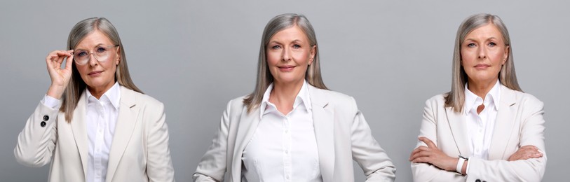 Image of Senior woman on grey background, set of portraits