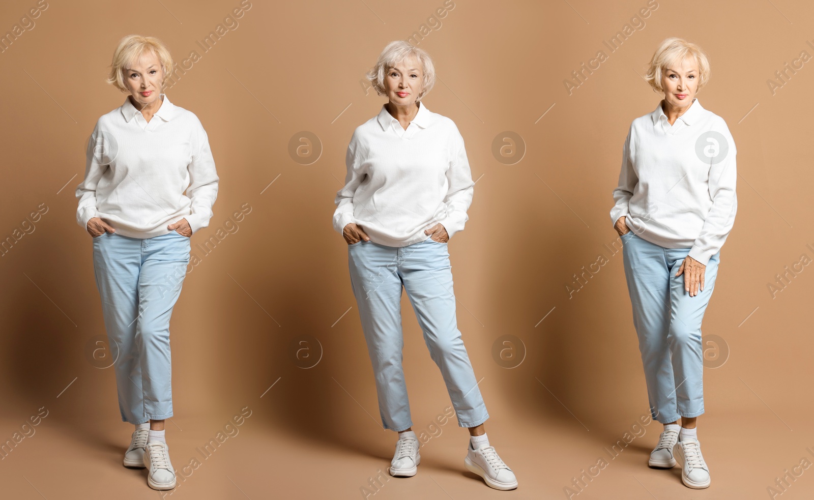 Image of Senior woman on pale brown background, set of portraits