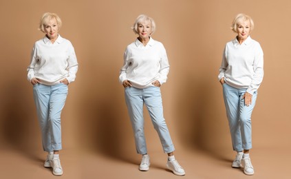Image of Senior woman on pale brown background, set of portraits