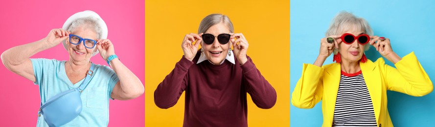 Image of Senior women, set of portraits on different colors backgrounds