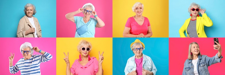 Image of Senior women, set of portraits on different colors backgrounds