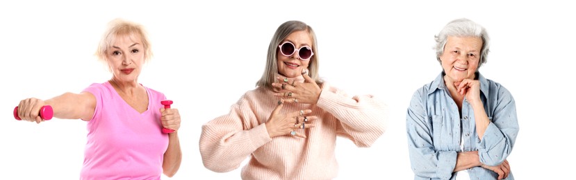 Image of Senior women on white background, set of portraits