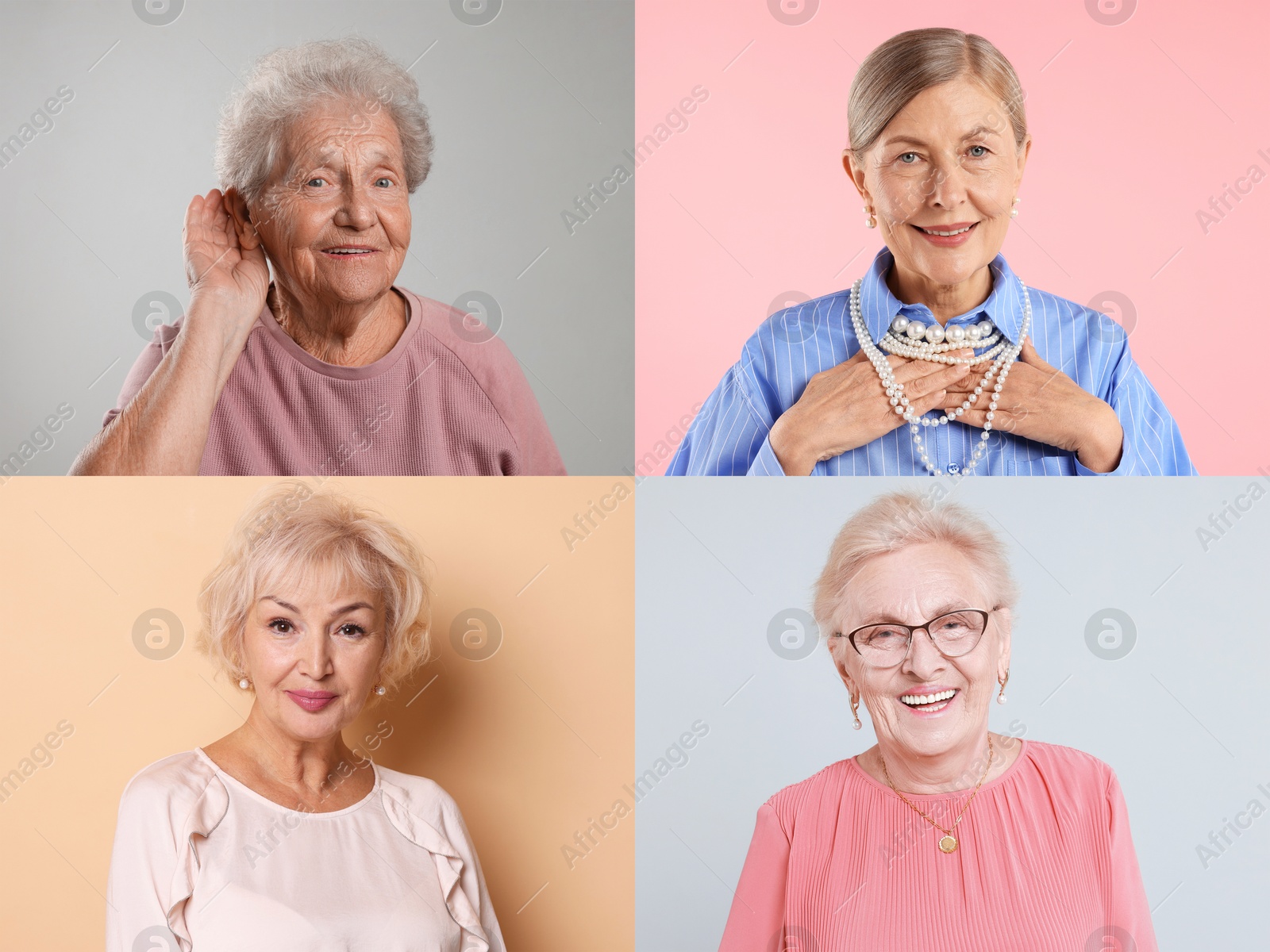 Senior women, set of portraits on different colors backgrounds Image of Senior women, set of portraits on different colors backgrounds