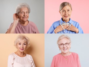 Image of Senior women, set of portraits on different colors backgrounds