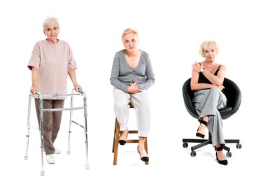Image of Senior women on white background, set of portraits