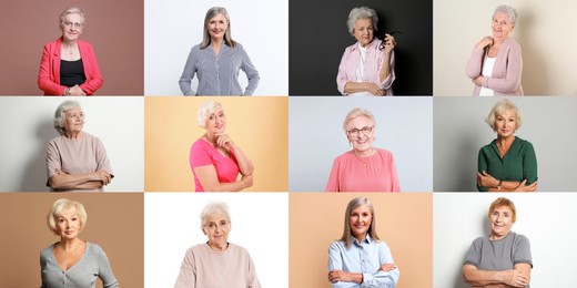 Image of Senior women, set of portraits on different colors backgrounds