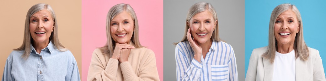 Image of Senior woman, set of portraits on different colors backgrounds