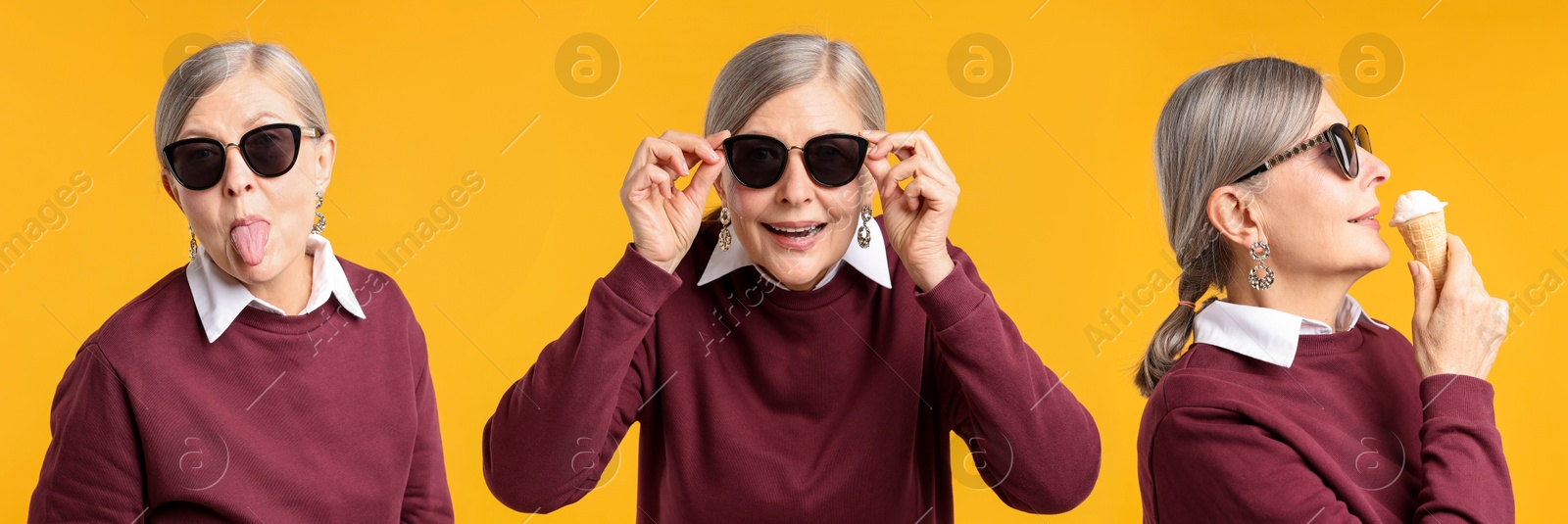 Senior woman on orange background, set of portraits Image of Senior woman on orange background, set of portraits