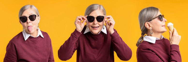 Image of Senior woman on orange background, set of portraits