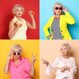 Image of Senior woman, set of portraits on different colors backgrounds
