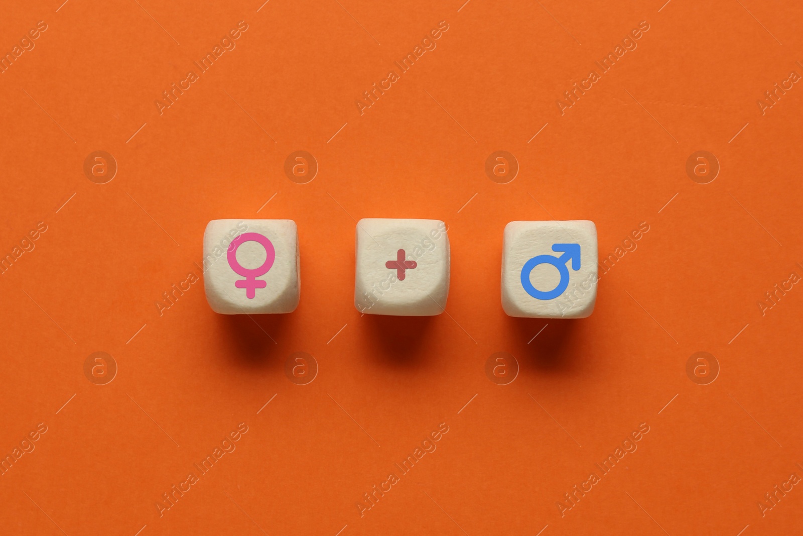 Sex education. Wooden cubes with female and male gender symbols and plus sign on orange background, top view Image of Sex education. Wooden cubes with female and male gender symbols and plus sign on orange background, top view