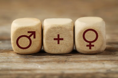 Image of Sex education. Cubes with female and male gender symbols and plus sign on wooden table, closeup