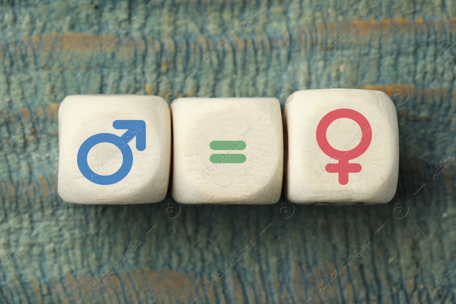 Sex education. Cubes with female and male gender symbols and equals sign on wooden background, top view Image of Sex education. Cubes with female and male gender symbols and equals sign on wooden background, top view