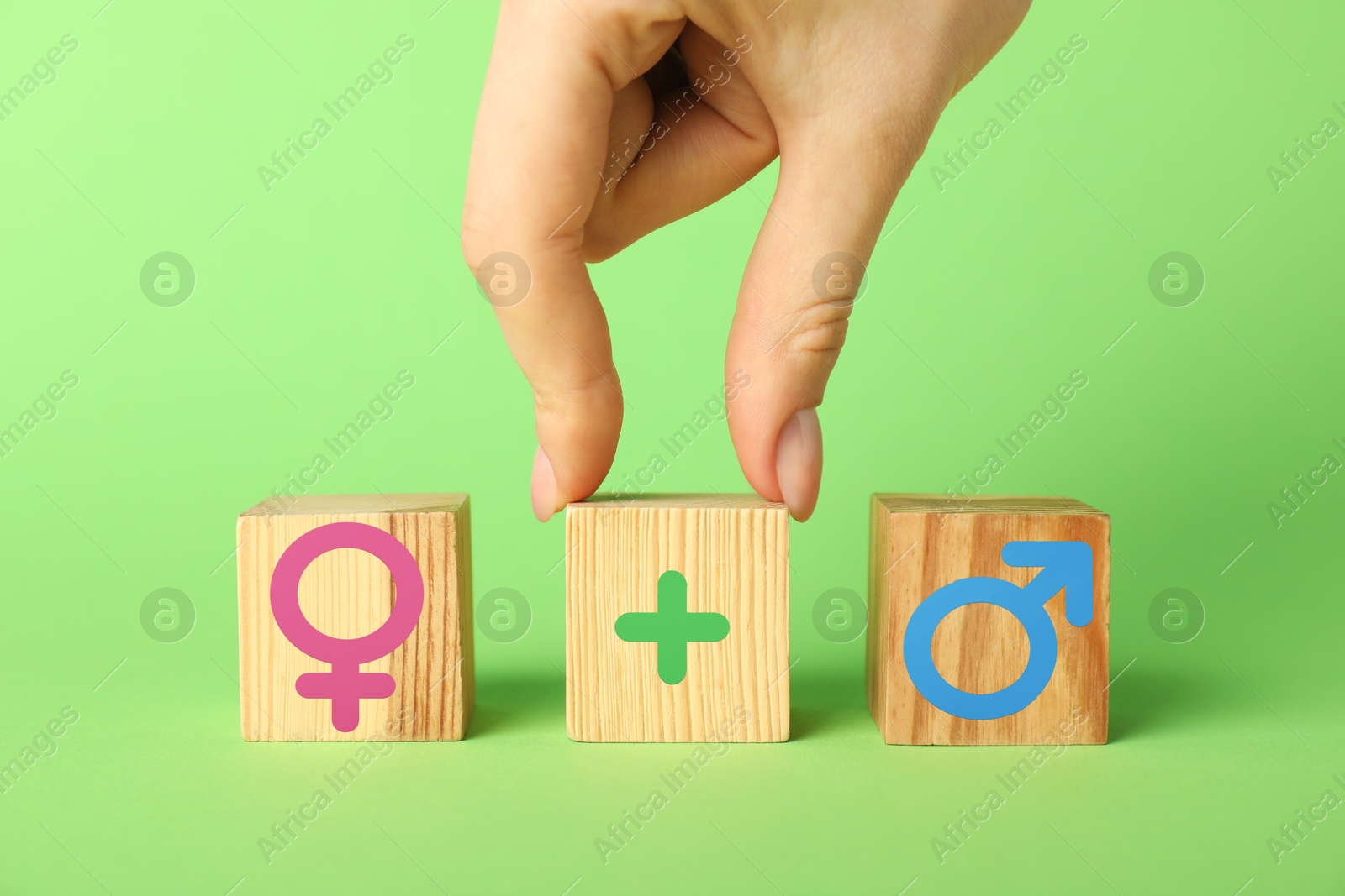 Sex education. Woman putting cube with plus sign between cubes with female and male gender symbols on green background, closeup Image of Sex education. Woman putting cube with plus sign between cubes with female and male gender symbols on green background, closeup
