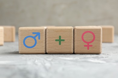 Image of Sex education. Wooden cubes with female and male gender symbols and plus sign on table