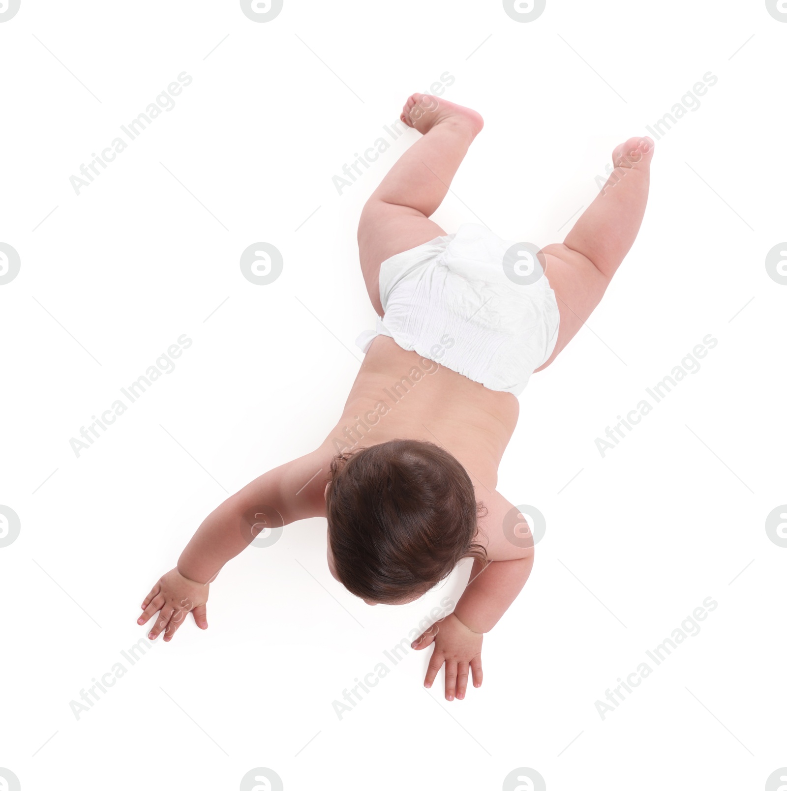Cute little baby crawling on white background, above view Photo of Cute little baby crawling on white background, above view