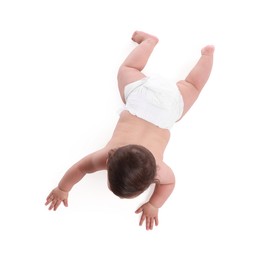 Photo of Cute little baby crawling on white background, above view