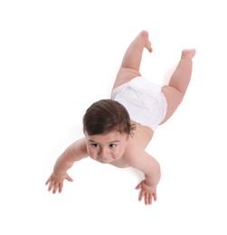 Photo of Cute little baby crawling on white background, above view