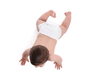 Photo of Cute little baby crawling on white background, above view
