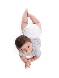 Photo of Cute little baby crawling on white background, above view